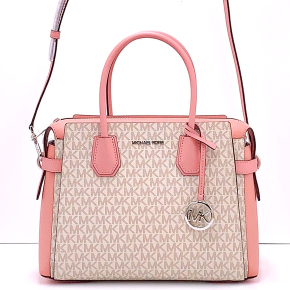 MICHAEL KORS MERCER MEDIUM TOP ZIP BELTED SATCHEL PRIMROSE VANILLA SIGNATURE - Picture 3 of 16